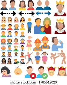 collection of 54 color vector illustrations of different faces of man, woman and child in clothes. keep distance logo and king, queen, family, workers, children, duel, run,  logos, approved 