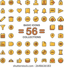 A collection of 56 essential UI icons in cartoon outline style with yellow and orange tones. Perfect for apps, dashboards, websites, and digital platforms.