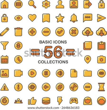 A collection of 56 essential UI icons in cartoon outline style with yellow and orange tones. Perfect for apps, dashboards, websites, and digital platforms.