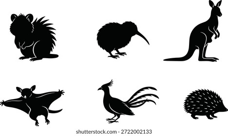 Uma coleção de 6 silhuetas de animais em formato vetorial, apresentando várias criaturas da vida selvagem em um design simples, mas elegante