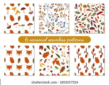 Collection of 6 autumn fall seamless patterns. Leaves, mushrooms, acorns, fox. Isolated vector illustration. Set of seasonal backgrounds for wallpaper, wrapping paper, textile. Flat cartoon design.