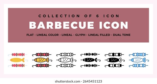 Coleção de 6 Ícones Barbecue Flat. Lineal. Estilos de Glifos