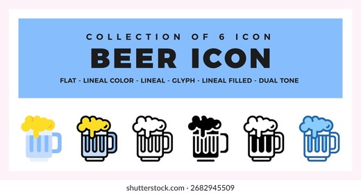 Colección de 6 Iconos de Cerveza. Plano. Lineal. Estilos de glifo