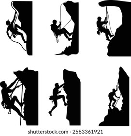 A collection of 6 black mountain climbing silhouette vectors, perfect for logos, posters, apparel, and adventure branding. 