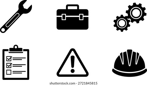 Una colección de 6 iconos de silueta de Vector negro para temas industriales, de construcción e ingeniería, incluyendo herramientas y equipos de seguridad