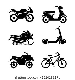A collection of 6 black and white 2 wheeler icons in vector style. Suitable for vehicle rental applications and signs or icons related to vehicle repair shops.