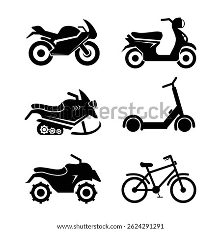 A collection of 6 black and white 2 wheeler icons in vector style. Suitable for vehicle rental applications and signs or icons related to vehicle repair shops.