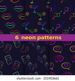 Collection of 6 bright patterns with symbols of love. Vector pattern can be used for web page backgrounds, pattern fills or surface textures.
