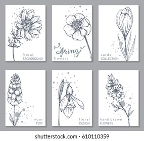 Collection of 6 cards with hand drawn spring flowers. Vector floral templates.
