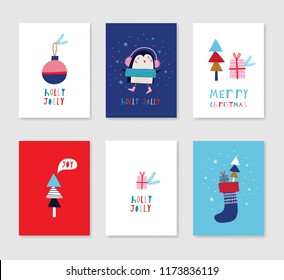 Collection of 6 Christmas card templates. Christmas Posters set. Vector illustration. Template for greeting, congratulations, invitations. Creative Hand Drawn cards for winter holidays.