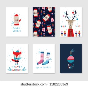 Collection of 6 Christmas card templates. Christmas Posters set. Vector illustration. Template for greeting, congratulations, invitations. Creative Hand Drawn cards for winter holidays.