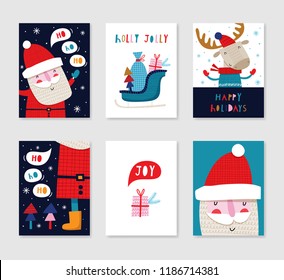 Collection of 6 Christmas card templates. Christmas Posters set. Vector illustration. Template for greeting, congratulations, invitations. Creative Hand Drawn cards for winter holidays.