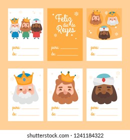 Collection of 6 Christmas card templates. Vector illustration. Template for Greeting Wise men Scrap booking, Congratulations, Invitations. Yellow. Happy Epiphany written in Spanish