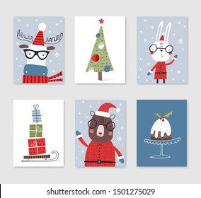 Collection of 6 Christmas card templates. Christmas Posters set. Vector illustration. Template for greeting, congratulations, invitations. Creative Hand Drawn cards for winter holidays.