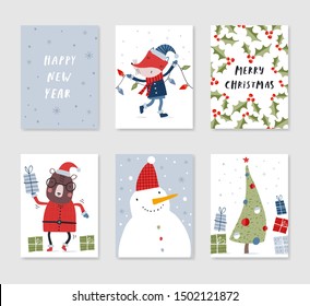 Collection of 6 Christmas card templates. Christmas Posters set. Vector illustration. Template for greeting, congratulations, invitations. Creative Hand Drawn cards for winter holidays.