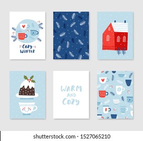 Collection of 6 Christmas card templates. Christmas Posters set. Vector illustration. Template for greeting, congratulations, invitations. Creative Hand Drawn cards for winter holidays.