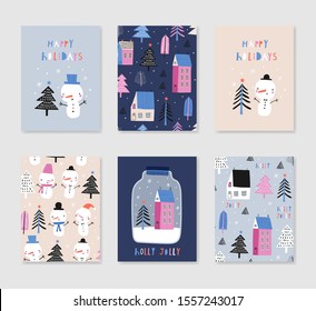 Collection of 6 Christmas card templates. Christmas Posters set. Vector illustration. Template for greeting, congratulations, invitations. Creative Hand Drawn cards for winter holidays in blue, orange