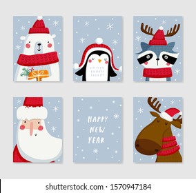 Collection of 6 Christmas card templates. Christmas Posters set. Vector illustration. Template for greeting, congratulations, invitations. Creative Hand Drawn cards for winter holidays.