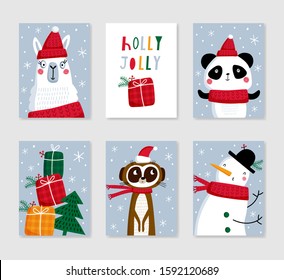 Collection of 6 Christmas card templates for winter holidays. Hand drawn posters set for greeting, congratulations, invitations. Vector illustration.