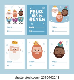 Collection of 6 Christmas card templates. Vector illustration. Template for Greeting Scrap booking, Congratulations, Invitations. Blue. Happy Epiphany written in Spanish