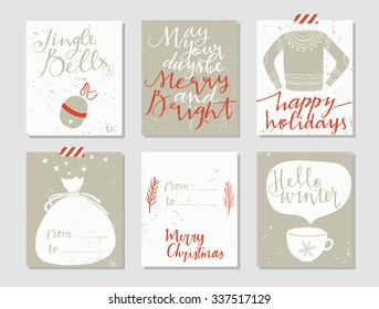 Collection of 6 Christmas card templates. Christmas Posters set. Collection of Christmas and New Year texture ready-to-use gift card