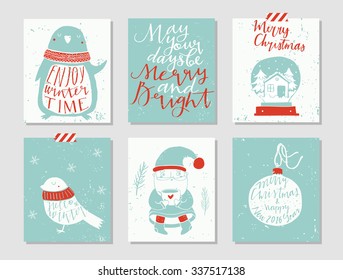 Collection of 6 Christmas card templates. Christmas Posters set. Collection of Christmas and New Year texture ready-to-use gift card