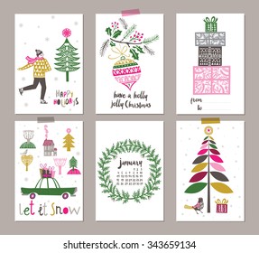 Collection of 6 Christmas card templates. Christmas Posters set. Vector illustration. 