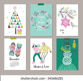 Collection of 6 Christmas card templates. Christmas Posters set. Vector illustration. 