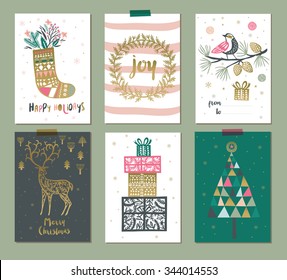 Collection of 6 Christmas card templates. Christmas Posters set. Vector illustration