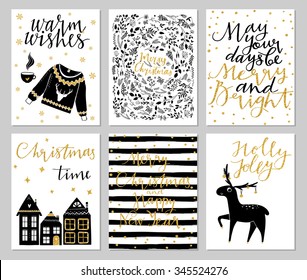 Collection of 6 Christmas card templates. Christmas Posters set. Vector illustration. Winter Holiday collection. Greeting seasonal scrapbooking, stickers, diary, congratulations, invitations.