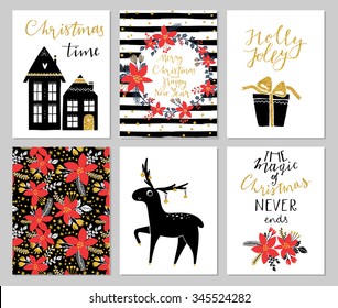 Collection of 6 Christmas card templates. Christmas Posters set. Vector illustration. Winter Holiday collection. Greeting seasonal scrapbooking, stickers, diary, congratulations, invitations.