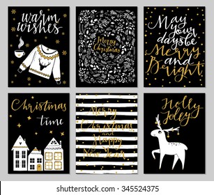 Collection of 6 Christmas card templates. Christmas Posters set. Vector illustration. Winter Holiday collection. Greeting seasonal scrapbooking, stickers, diary, congratulations, invitations.