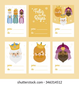 Collection of 6 Christmas card templates. Vector illustration. Template for Greeting Scrap booking, Congratulations, Invitations. Yellow. Happy Epiphany written in Spanish