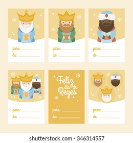 Collection of 6 Christmas card templates. Vector illustration. Template for Greeting Scrap booking, Congratulations, Invitations. Yellow. Happy Epiphany written in Spanish