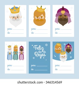 Collection of 6 Christmas card templates. Vector illustration. Template for Greeting Scrap booking, Congratulations, Invitations. Blue. Happy Epiphany written in Spanish