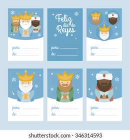 Collection of 6 Christmas card templates. Vector illustration. Template for Greeting Scrap booking, Congratulations, Invitations. Blue. Happy Epiphany written in Spanish