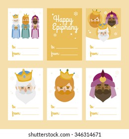 Collection of 6 Christmas card templates. Vector illustration. Template for Greeting Scrap booking, Congratulations, Invitations. Yellow. Happy Epiphany