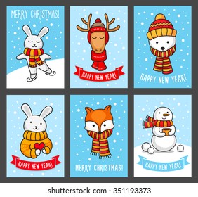 Collection of 6 Christmas card templates. Cards with cartoon cute animals. Christmas Posters set. Template for Greeting Scrapbooking, Congratulations, Invitations. Vector illustration. 