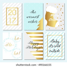 Collection of 6 Christmas card templates. Christmas Posters set. Vector illustration. Blue, gold, gray colors. Merry Christmas, happy new year, xmas, Merry Christmas, happy new year, Merry Christmas