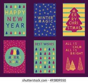 Collection of 6 Christmas card templates. Christmas Posters set. Vector illustration