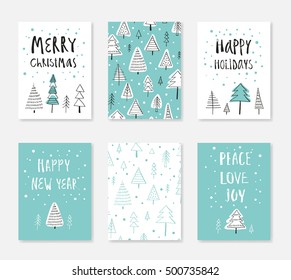 Collection of 6 Christmas card templates. Christmas Posters set. Vector illustration. Template for Greeting, Congratulations, Invitations. Creative Hand Drawn cards for winter holidays.