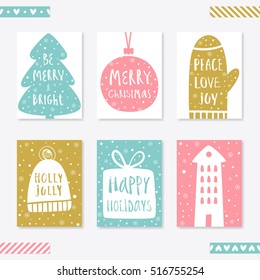Collection of 6 Christmas card templates. Christmas Posters set. Vector illustration. Template for Greeting, Congratulations, Invitations. Creative Hand Drawn cards for winter holidays.