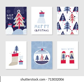 Collection of 6 Christmas card templates. Christmas Posters set. Vector illustration. Template for greeting, congratulations, invitations. Creative Hand Drawn cards for winter holidays.