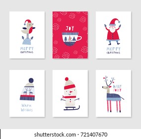 Collection of 6 Christmas card templates. Christmas Posters set. Vector illustration. Template for greeting, congratulations, invitations. Creative Hand Drawn cards for winter holidays.