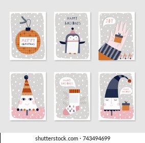 Collection of 6 Christmas card templates. Christmas Posters set. Vector illustration. Template for greeting, congratulations, invitations. Creative Hand Drawn cards for winter holidays.