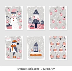 Collection of 6 Christmas card templates. Christmas Posters set. Vector illustration. Template for greeting, congratulations, invitations. Creative Hand Drawn cards for winter holidays.