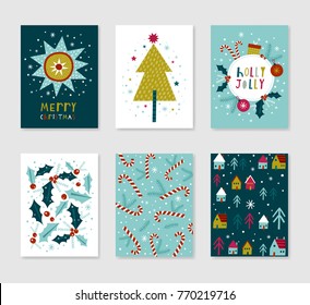 Collection of 6 Christmas card templates. Christmas Posters set. Vector illustration. Template for greeting, congratulations, invitations. Creative Hand Drawn cards for winter holidays. Green, pink an