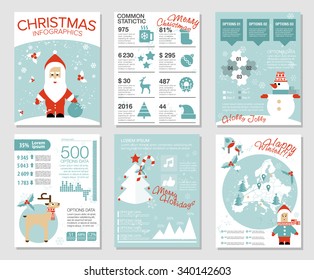 Collection of 6 Christmas cards. Infographics templates with Santa, deer, snowman, birds, Christmas tree, diagrams, map, icons. Flat vector illustration. Hipster cute modern style.