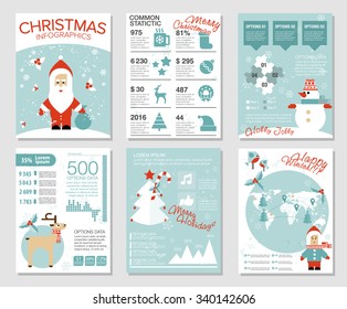 Collection of 6 Christmas cards. Infographics templates with Santa, deer, snowman, birds, Christmas tree, diagrams, map, icons. Flat vector illustration. Hipster cute modern style.