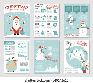 Collection of 6 Christmas cards. Infographics templates with Santa, deer, snowman, birds, Christmas tree, diagrams, map, icons. Flat vector illustration. Hipster cute modern style.